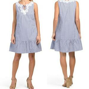 Sail to Sable  Blue Embroidered Dress Sz Medium Stripes Preppy Coastal